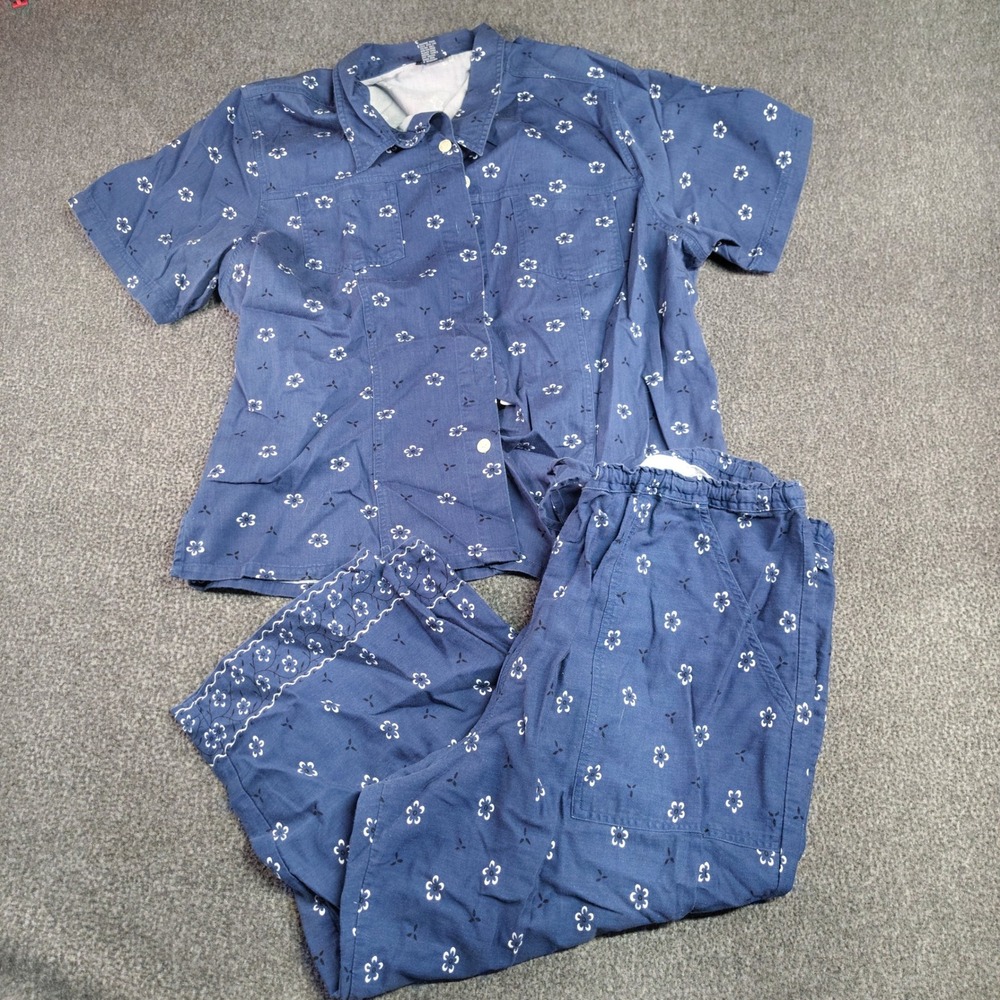90s Baccini Pant Set Womens 20/22 Blue Floral Cotton Short Sleeve Shirt Trousers